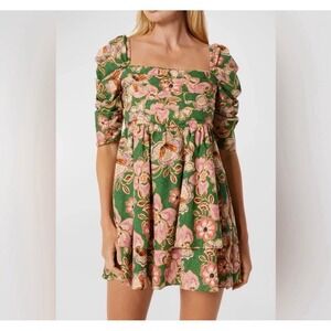 MISA Los Angeles Kate Green Pink Floral Puff Sleeve Tie Back Cotton Dress Med
M